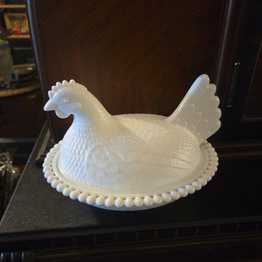 Hen Milk Glass Bowl