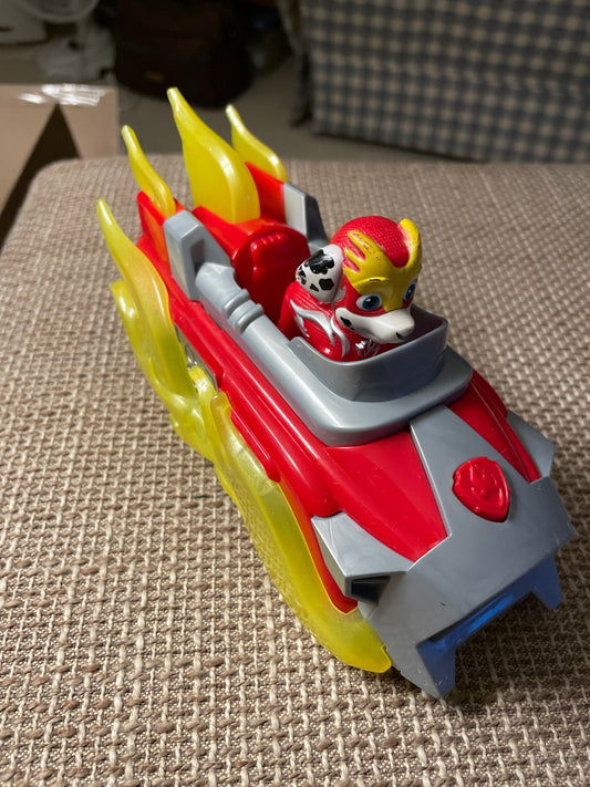 Toy= Paw Patrol Mighty Pups Charged Up Deluxe Marshall Vehicle Figure Light & Sounds