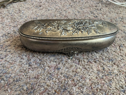 Antique silver-plated oval jewelry box