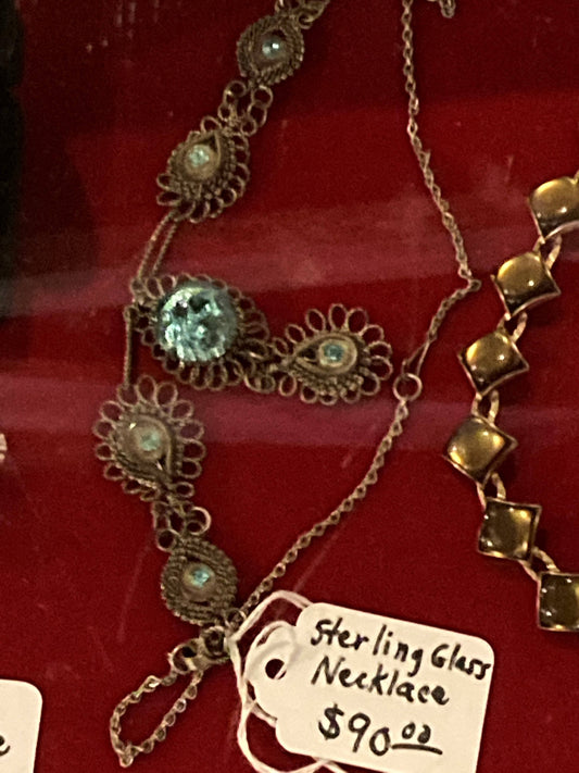 Jewelry = Sterling Handmade Glass Necklace(Mexico - 1950's)