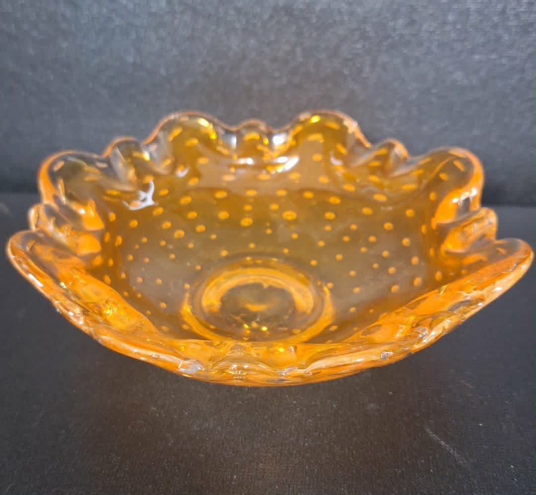 Art Glass Orange Controlled Bubble Ash Tray