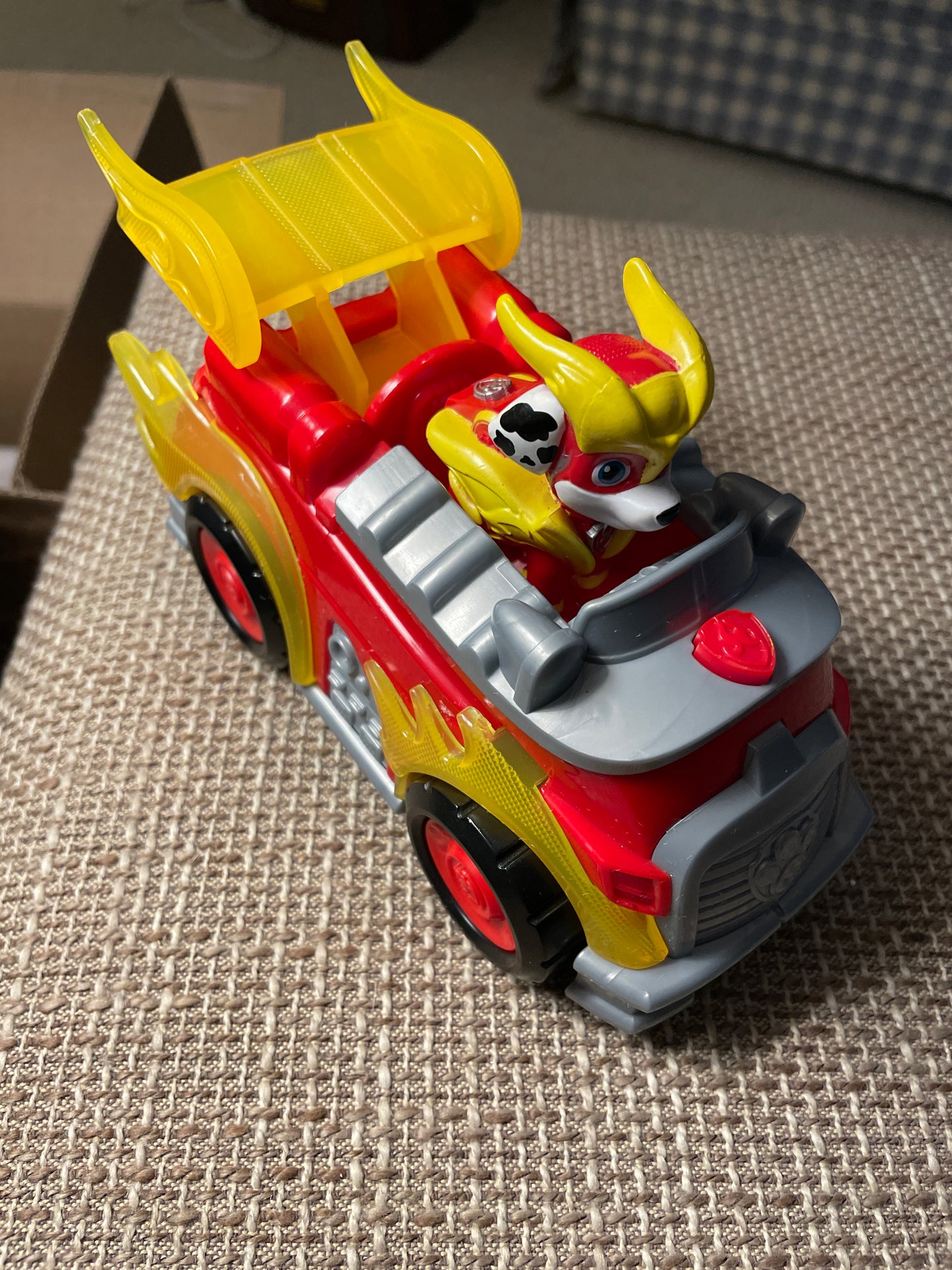 Toy= Paw Patrol Mighty Pups Super Paws Marshall Deluxe Vehicle With Lights & Sounds