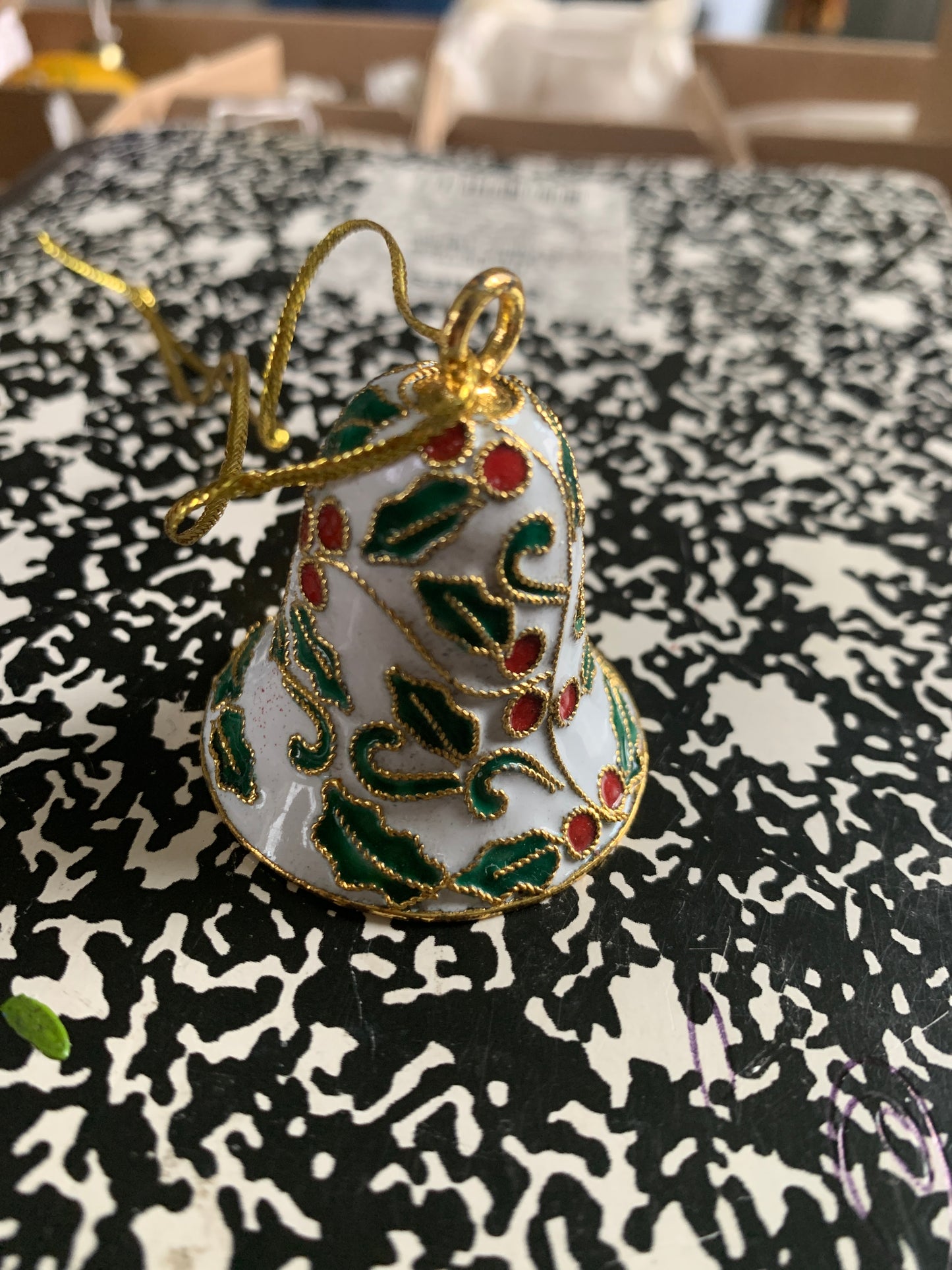 Cloisonne White Poinsettia Handmade Bell Christmas Ornament