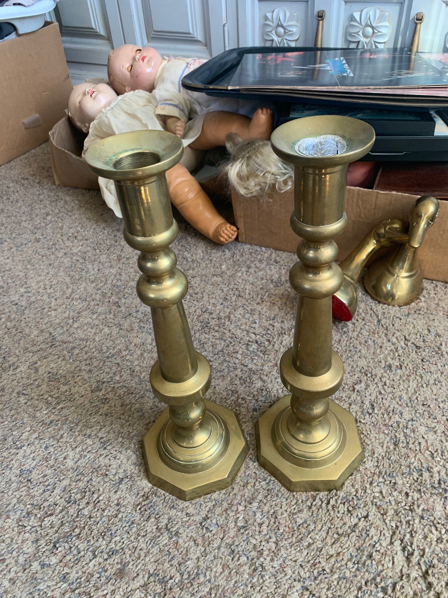 Pair 14” Solid Brass Vintage Candlesticks