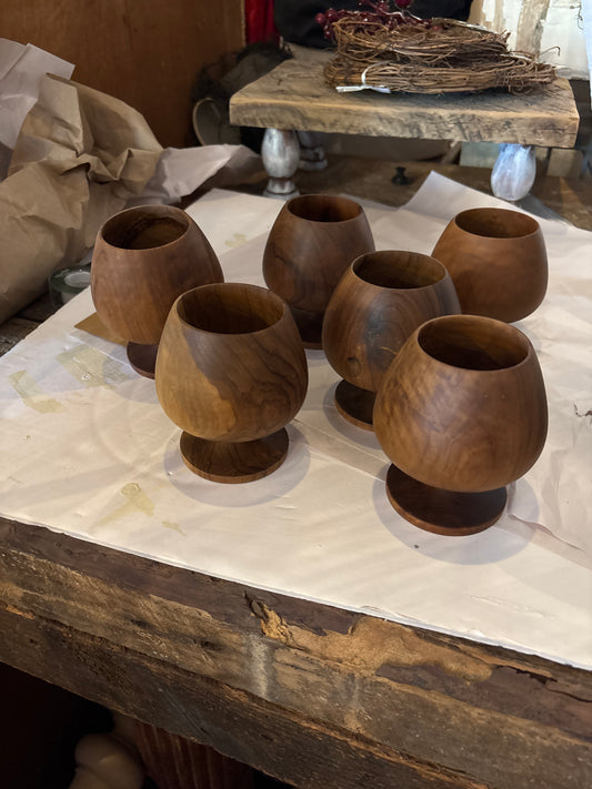 Hand turned vintage wooden goblet/ brandy snifters (6)