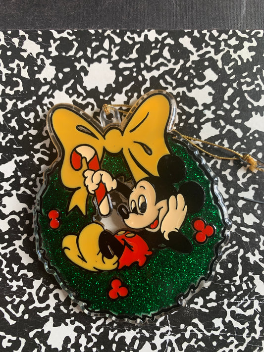 Vtg Acrylic Round Micky Mouse Christmas Ornament