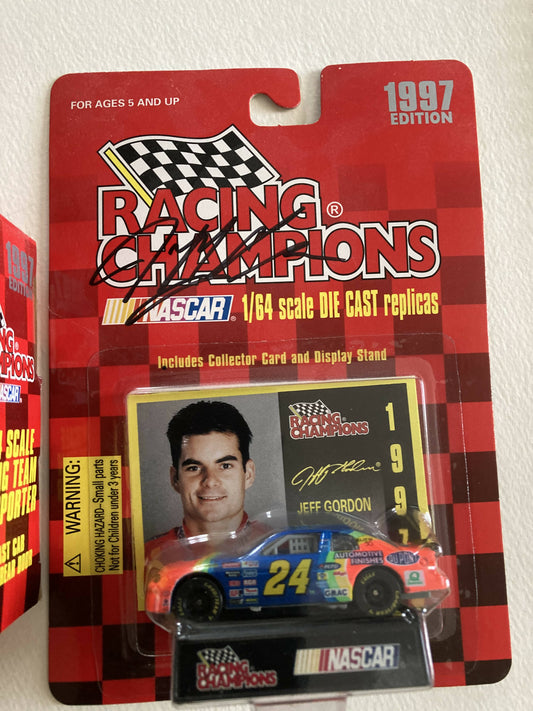 Sports Toy = 1997 Racing Champions 1/64 Stock Car & Transporter both signed by Jeff Gordon